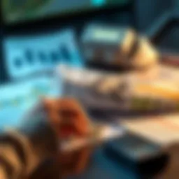 A person calculating savings while setting aside 10% of their paycheck for investment, surrounded by financial documents and a calculator.