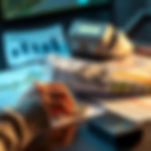 A person calculating savings while setting aside 10% of their paycheck for investment, surrounded by financial documents and a calculator.