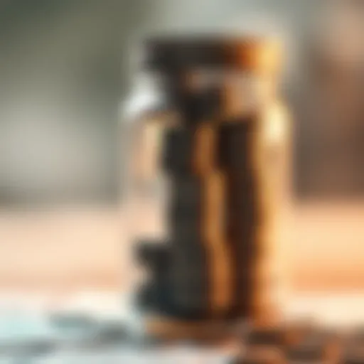 A clear jar filled with stacks of coins representing daily savings