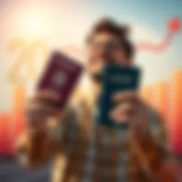 A person happily holding a passport with a savings chart in the background, symbolizing financial achievement