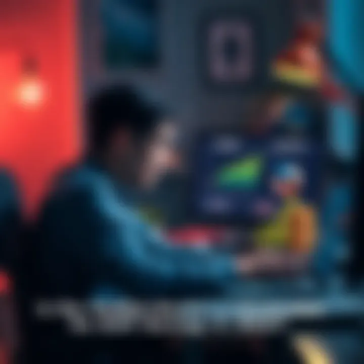 A person sitting at a desk looking at a laptop, considering various online savings methods, with charts and graphs on the screen showing financial growth.