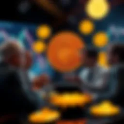 A group of people discussing and debating about Bitcoin holdings, with a backdrop of Bitcoin symbols and charts showing fluctuations in value