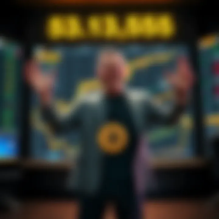 Michael Saylor standing in front of a screen showing Bitcoin statistics, celebrating his recent acquisition of 535 BTC.
