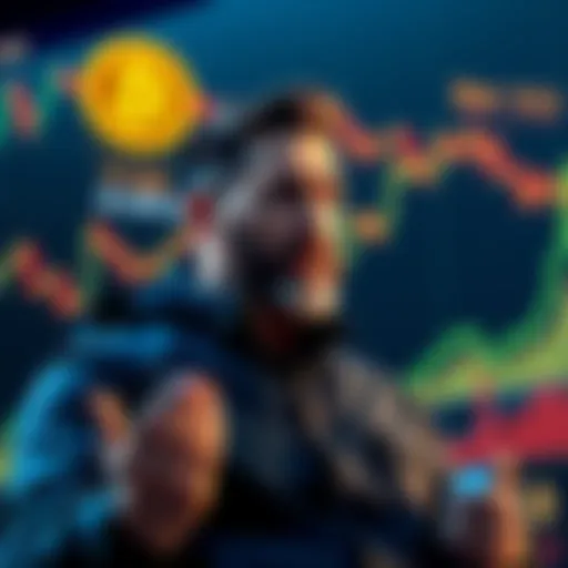 A confident man discussing Bitcoin investment strategy while charts show fluctuating values, with a focus on a potential drop to $8,000.