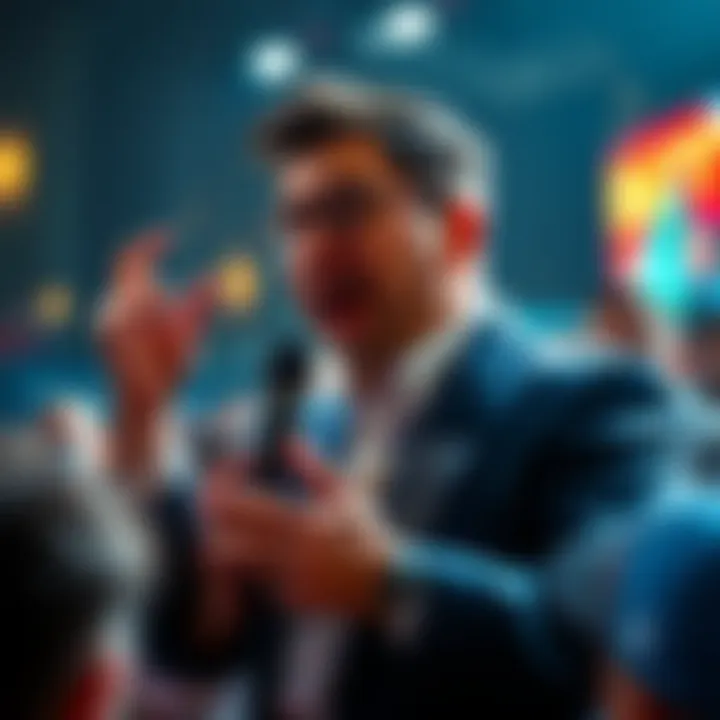 Saylor Moon speaking to a crowd about Buttcoin sales, with an audience reacting to his controversial claims.