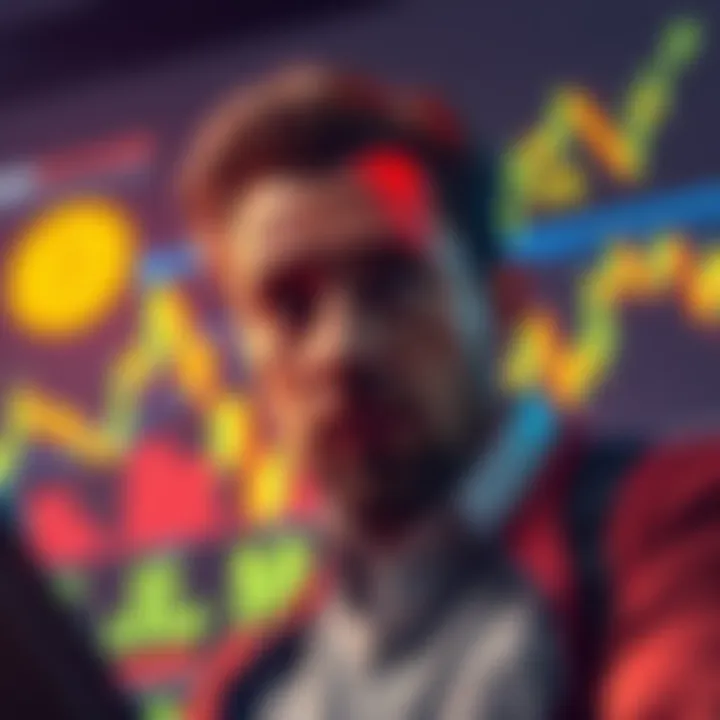 A worried investor looks at a digital chart showing Buttcoin's fluctuating value, with signs of potential collapse or major gains in the background.