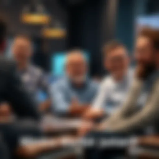 A group of confident investors discussing cryptocurrency strategies with smiles, despite market volatility