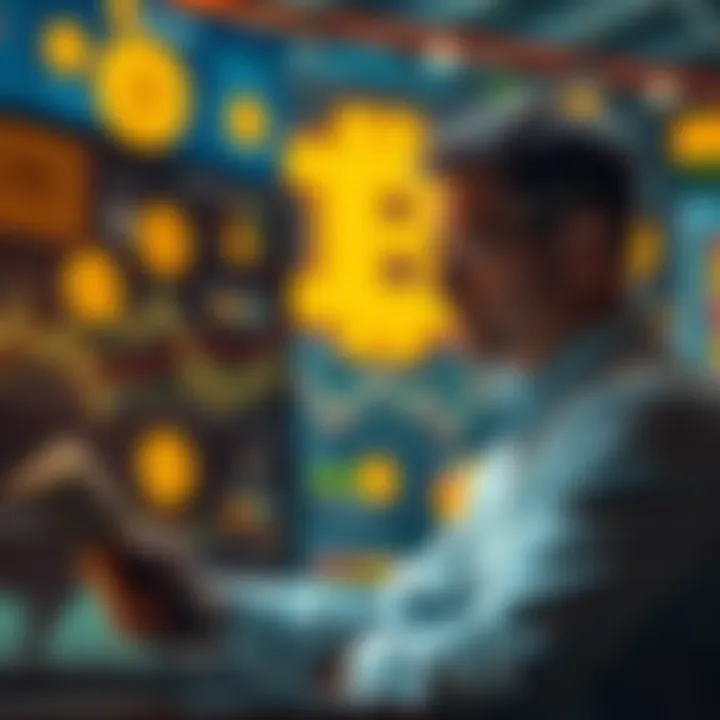 A businessman analyzing charts and graphs related to AI investments, with Bitcoin symbols fading in the background.