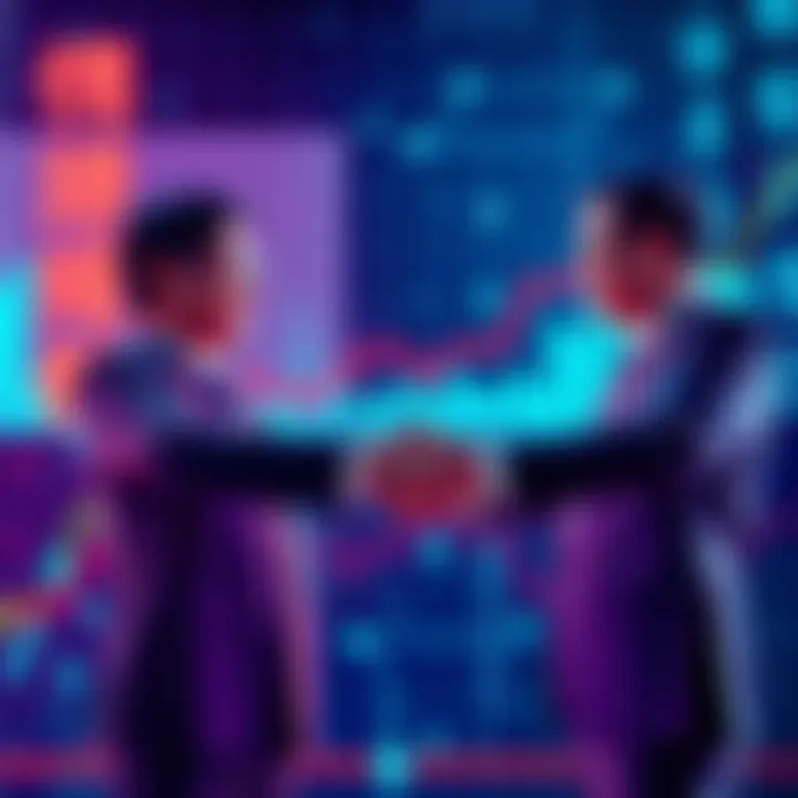 SBI and Solana Partnership SBI and Solana representatives shaking hands with a digital finance background