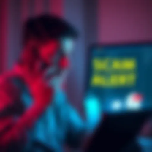 A person receiving a suspicious phone call, looking concerned with a phone in hand, and a computer displaying emails in the background.