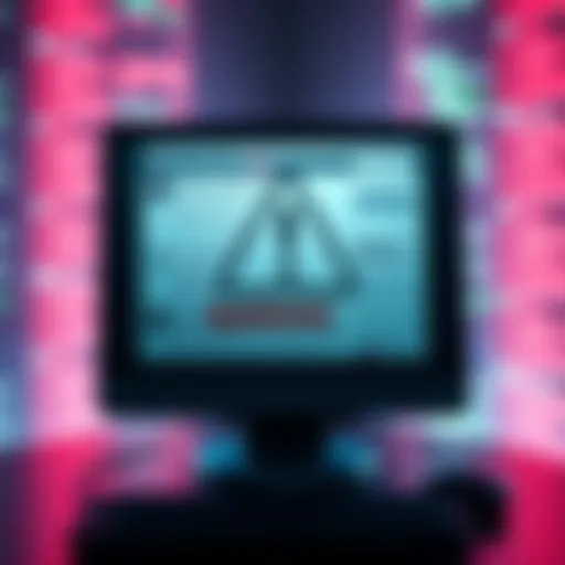 A computer screen displays scam posts promoting fake money-making schemes in online forums. A warning sign is visible, urging users to report these scams.
