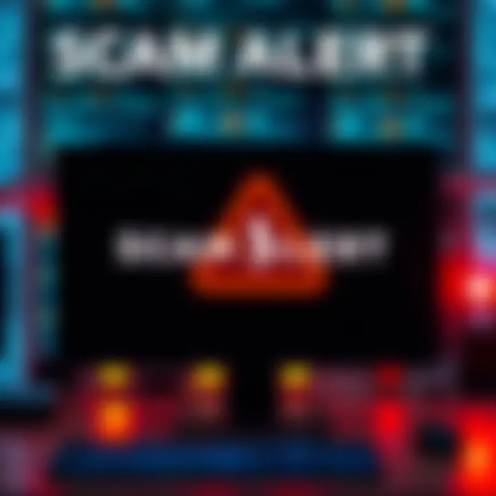 A warning graphic showing a computer screen with a malicious link and a red alert icon, symbolizing online scams.