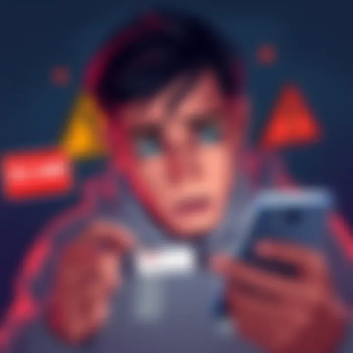 A person looking worried while reading scam messages on a smartphone, with warning signs around them.