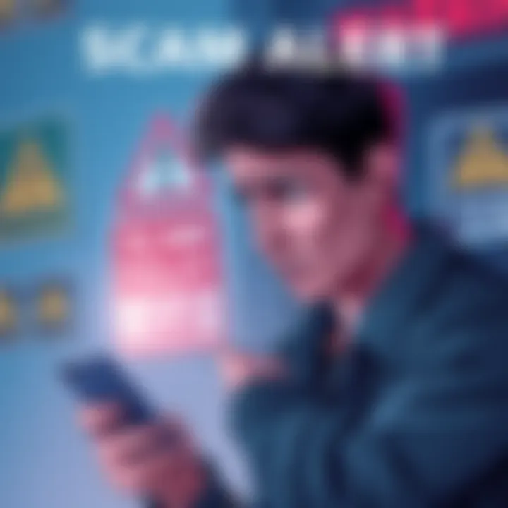 A person looking worried while reading a scam alert on their smartphone, with warning signs in the background.
