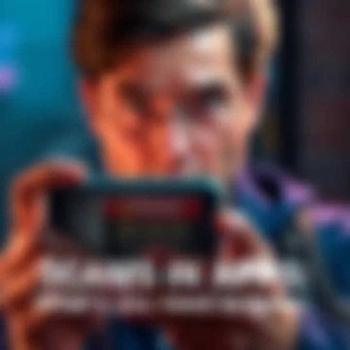 A person looking concerned while holding a smartphone displaying a warning message about scams in apps