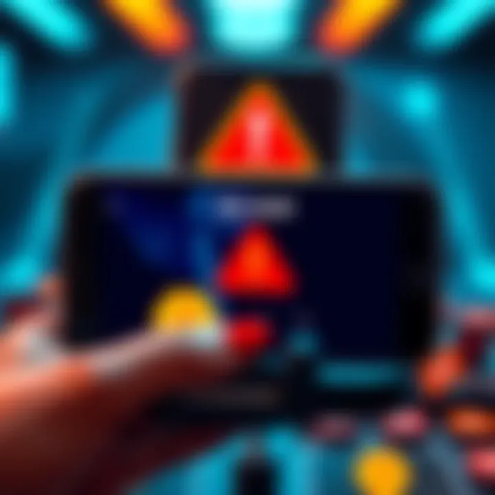 A smartphone displaying a scam app interface with a warning sign and broken reward icons, symbolizing lost referral rewards.