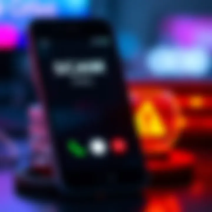 A smartphone displaying a call from an unknown number, with a warning symbol nearby, indicating a potential scam call.