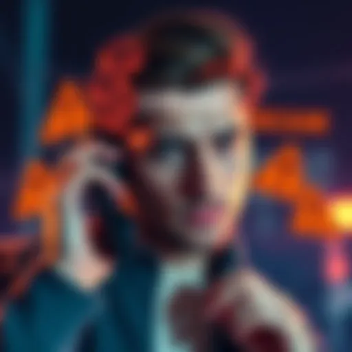 A person receiving a phone call looking concerned about a potential scam related to Coinbase, with warning signs around them.