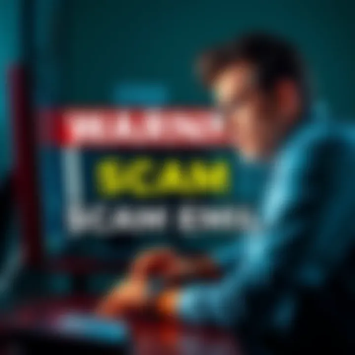 A person looking at a suspicious email on their computer with a concerned expression.