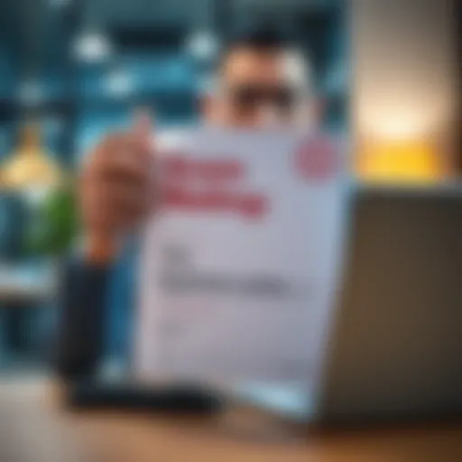 A person holding a letter labeled 'Quantum Security Update' with an unsure expression, sitting at a table with a laptop in the background.