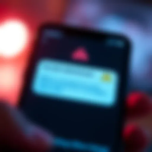 A close-up of a smartphone displaying a suspicious text message with warning signs like exclamation marks and a caution symbol.