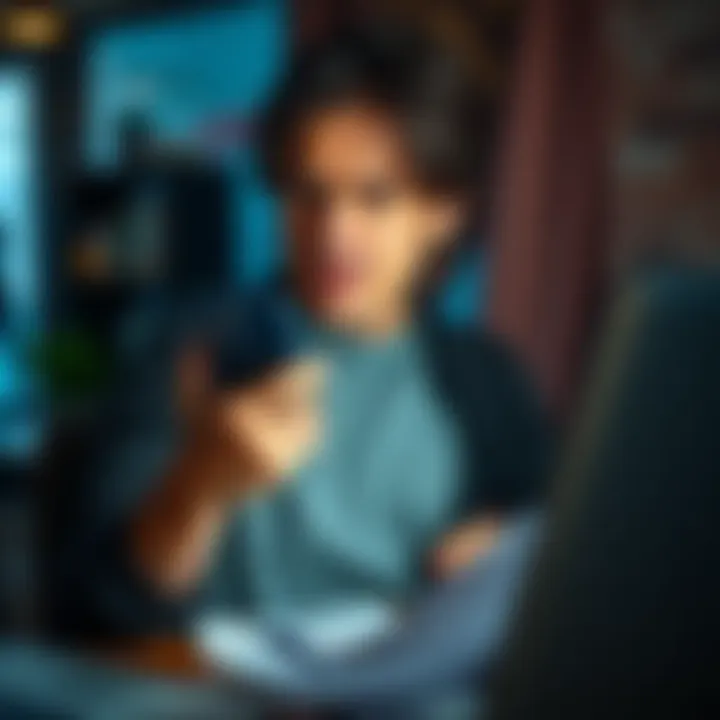 A frustrated person holding a phone and looking at a Facebook Marketplace listing, with a worried expression, surrounded by receipts and a laptop.