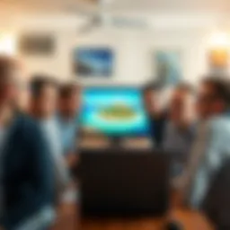 A group of 14 Irish men looking at a laptop with concerned expressions while discussing their villa booking in Tenerife, with tropical images of the island displayed on the screen.