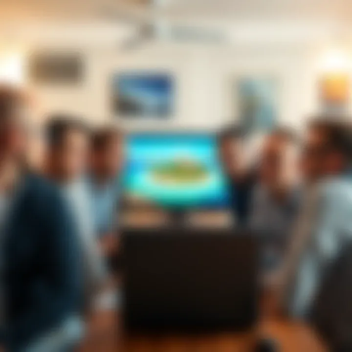 A group of 14 Irish men looking at a laptop with concerned expressions while discussing their villa booking in Tenerife, with tropical images of the island displayed on the screen.
