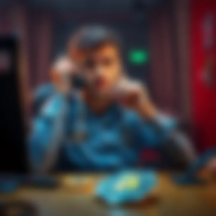 A person on the phone looking worried while a police badge is visible on the table