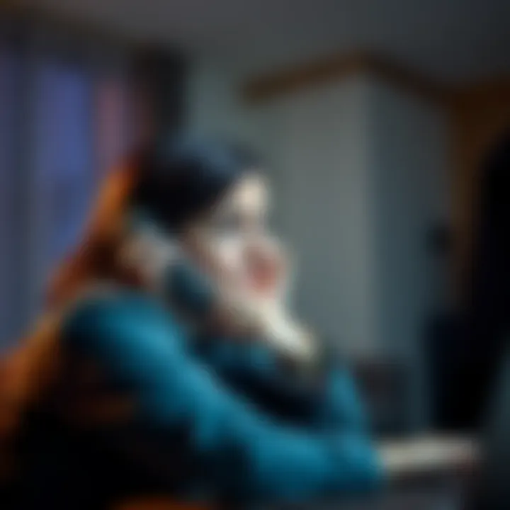 A person on the phone looking worried, with a dark figure looming in the background, symbolizing a scam threat.