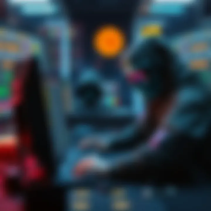 A depiction of scammers using a computer to manipulate cryptocurrency addresses and steal funds.