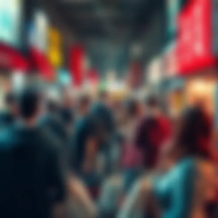 Scarcity in Consumerism A crowded marketplace with shoppers buying limited edition items, showing varied reactions to scarcity marketing.