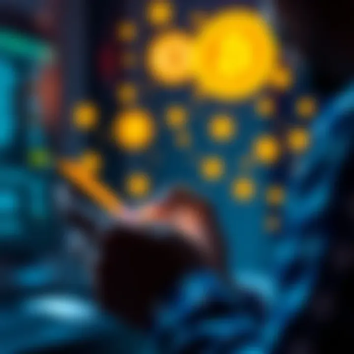 A person using a smartphone to schedule a cryptocurrency transaction, with digital currency symbols in the background