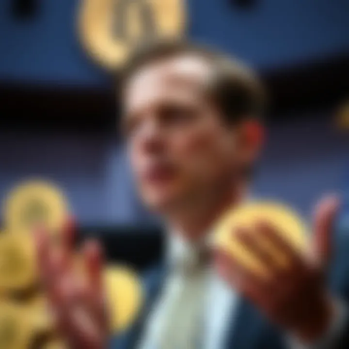 Treasury Secretary Scott Bessent speaking about increasing Bitcoin reserves, with gold coins in the background.