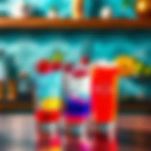 A colorful display of 'Clear Mind', 'Mirror Lake', and 'Acid Pop' cocktails garnished with fresh ingredients