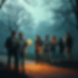 A group of people searching in a park with maps and flashlights, looking for Gav.