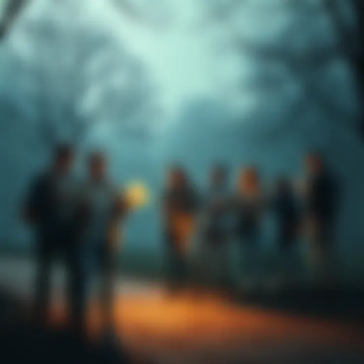 A group of people searching in a park with maps and flashlights, looking for Gav.