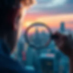 Searching for Opportunities A person looking through a magnifying glass at a city skyline, symbolizing exploration of new chances.