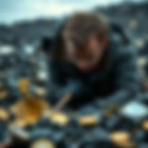 A person searching through a landfill for a Bitcoin hard drive, with a shovel and a determined look.
