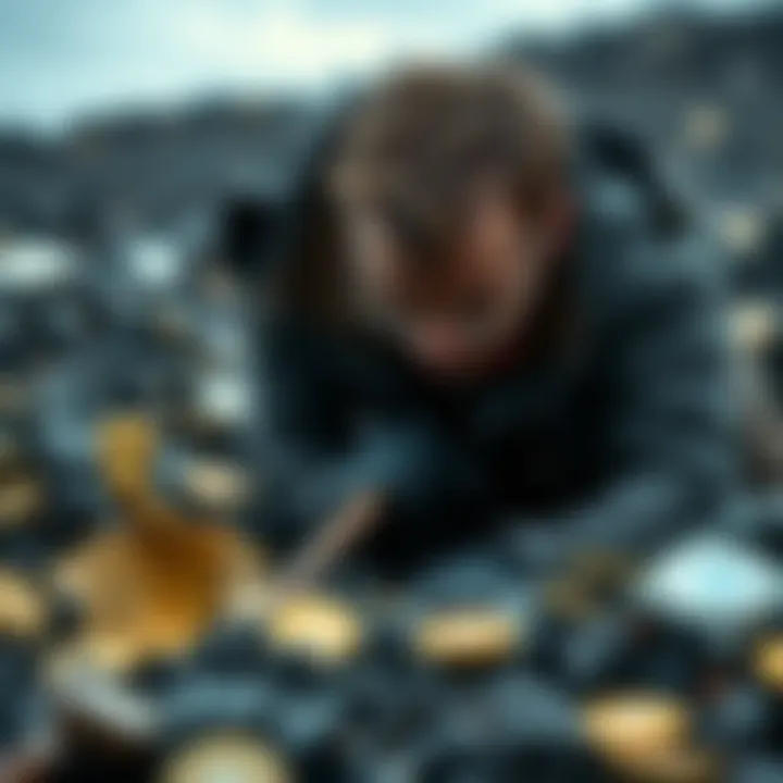 Searching for Bitcoin Hard Drive A person searching through a landfill for a Bitcoin hard drive, with a shovel and a determined look.