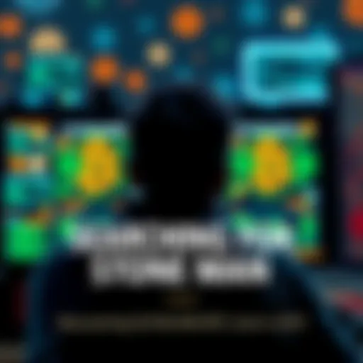 A person looking at computer screens filled with Bitcoin symbols and data, seeking to retrieve lost funds.
