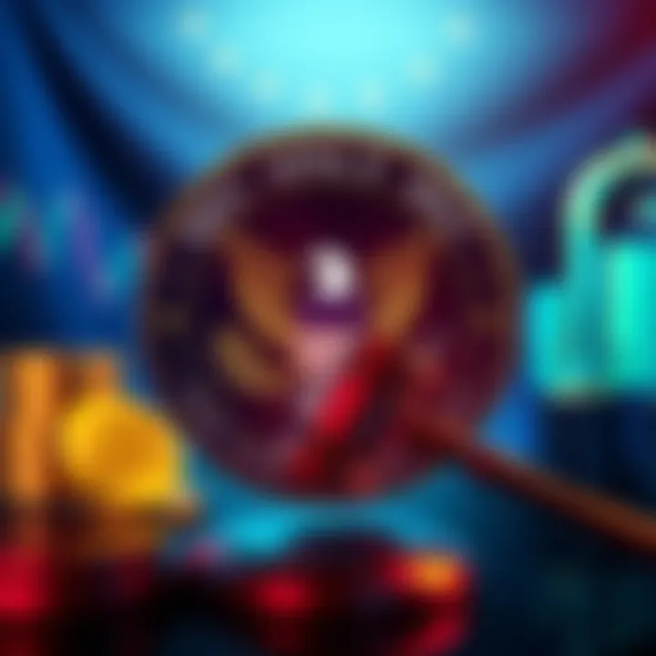 A graphic showing the SEC logo with cryptocurrency symbols and a gavel, representing regulation and enforcement in the crypto industry
