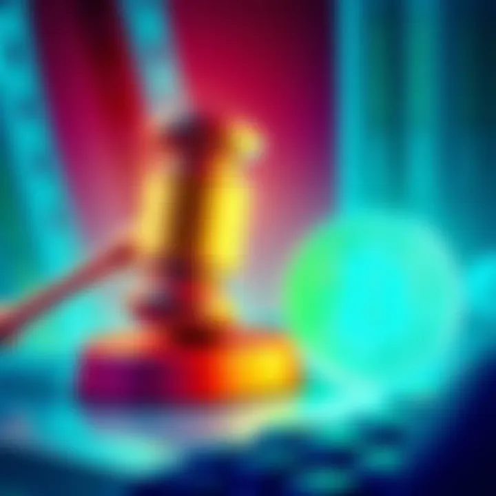 An illustration showing a gavel and a digital currency symbol representing SEC regulations impacting cryptocurrencies.