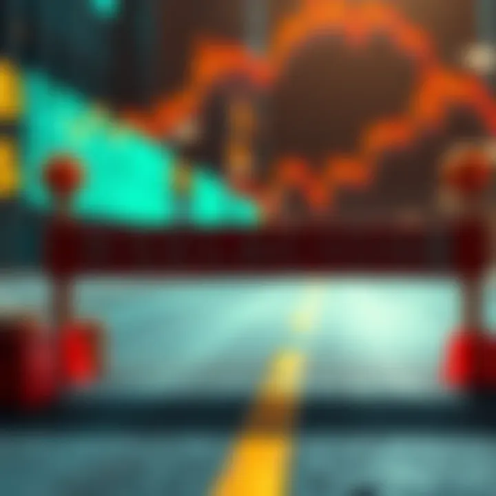 A visual representation of the SEC's impact on cryptocurrency innovation, featuring a roadblock symbolizing outdated regulations hindering progress. Cryptocurrency coins and investment charts are in t...