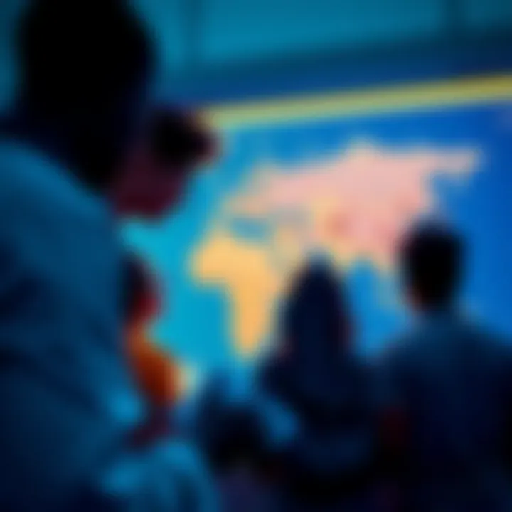 A group of people looking at a digital map with migration routes highlighted, discussing plans for the upcoming second migration.