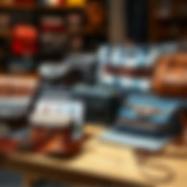 Secondhand Carriers Online A variety of secondhand carriers displayed on a table, showcasing different styles and brands, with a laptop open showing online marketplace options.