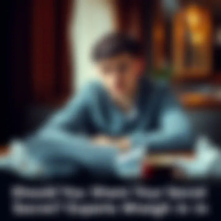 A person sitting at a table with a thoughtful expression, weighing the decision to keep a secret or share it, surrounded by crumpled notes and a coffee cup.