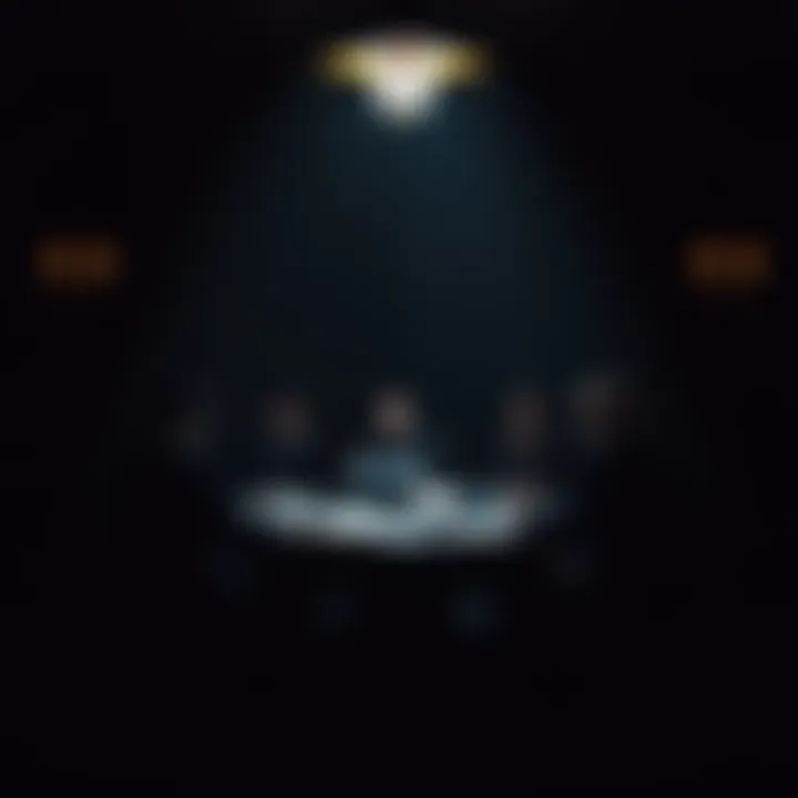 A darkened room with silhouettes of individuals gathered around a table, discussing financial documents and connections to Jeffrey Epstein, symbolizing secrecy and influence.