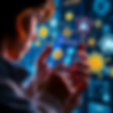 Secure Bitcoin Storage Options A person holding a smartphone with Bitcoin wallet apps displayed, looking concerned about security, surrounded by digital icons representing storage solutions.
