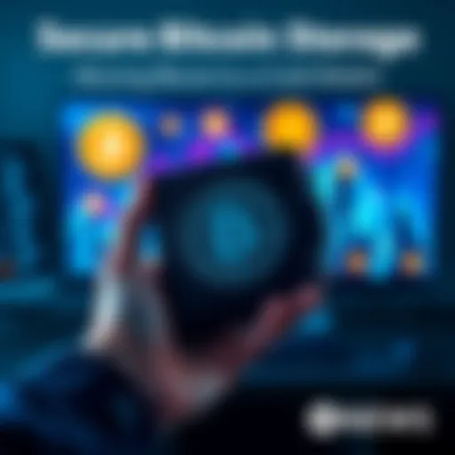 A person holding a secure cold wallet device with a computer and bitcoin symbols in the background.